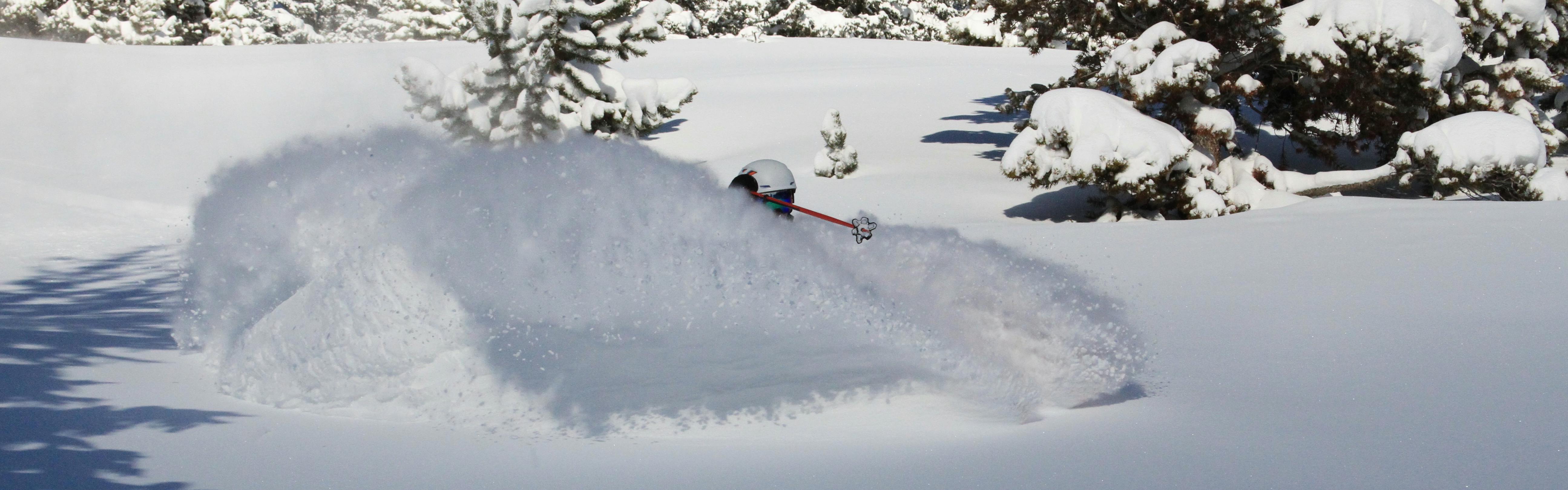 A skier riding through fresh, deep powder, sending waves of snow up from his skis