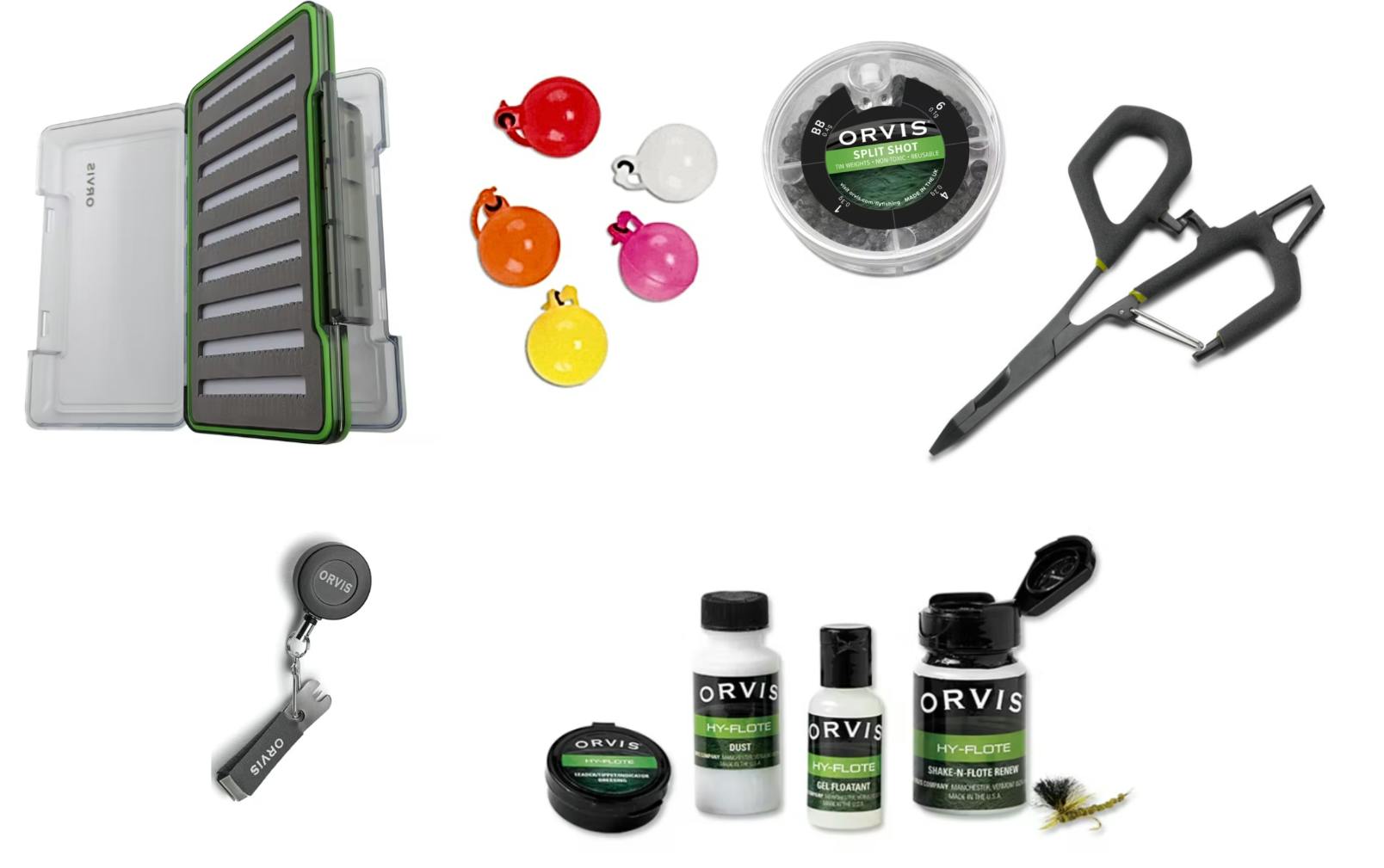 Fly fishing accessories. On the top row from left to right: The Orvis Double-Sided Fly Box, Indicators, the Orvis Split Shot Weights, and the Orvis Flow Hemos. On the bottom row from left to right is the the Orvis Comfy Grip Nipper/Zinger Combo and the Orvis Bulk Floatant.