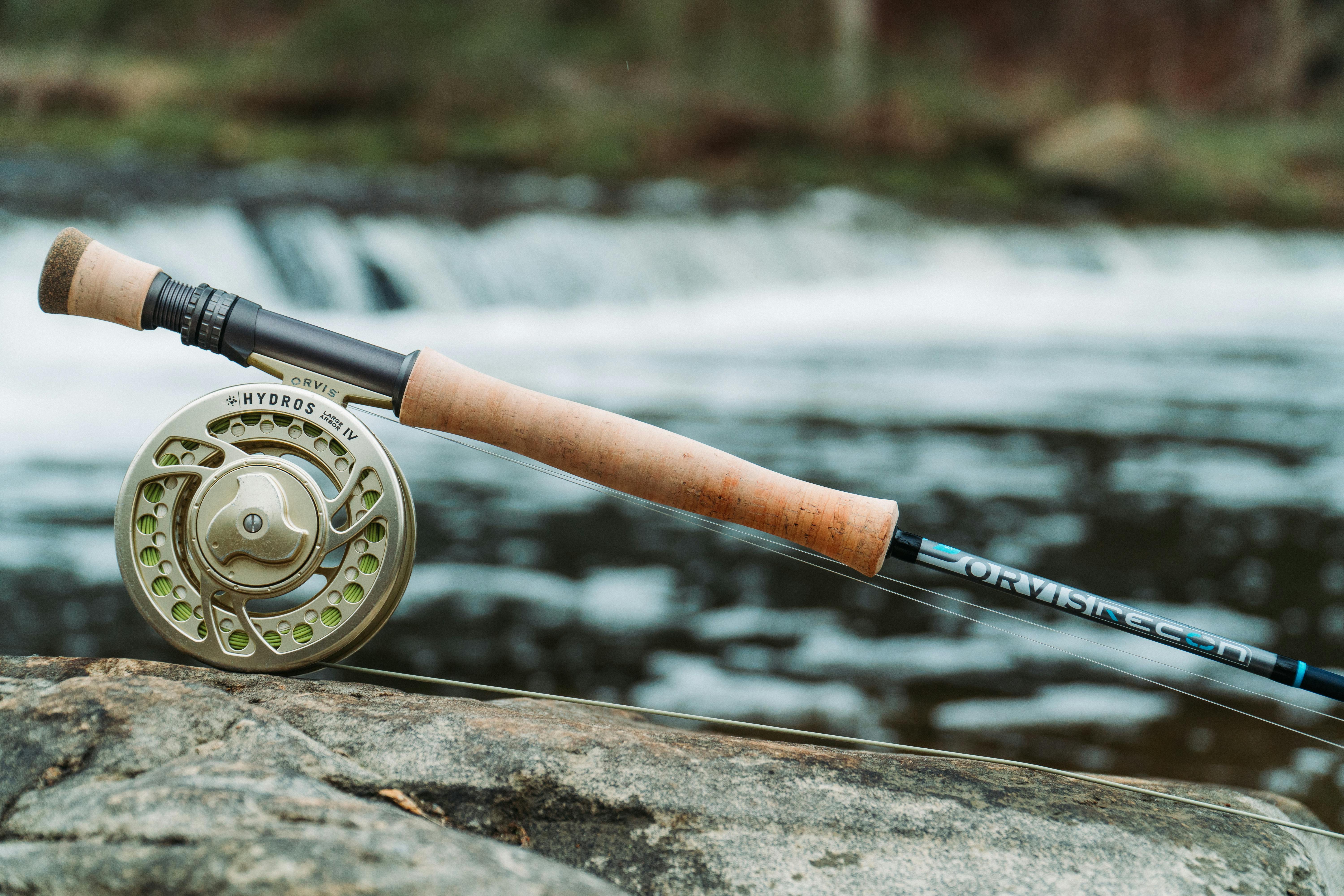 The Orvis Hydros Fly Reel attached to a fly rod. 