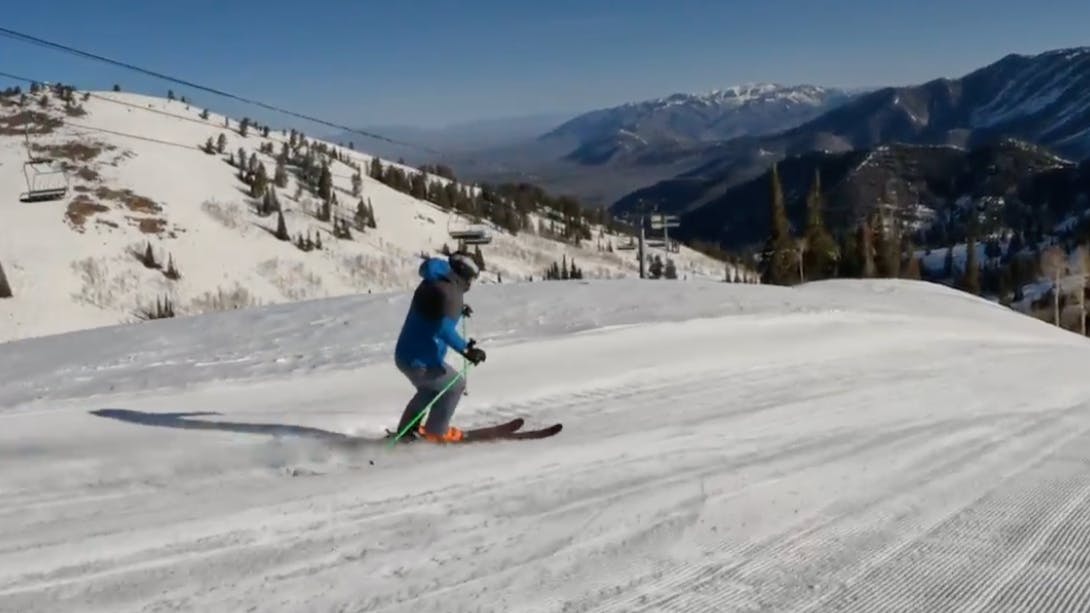 Ski Expert Rob G. skiing the 2023 Blizzard Brahma skis on a groomed run at Powder Mountain in Utah