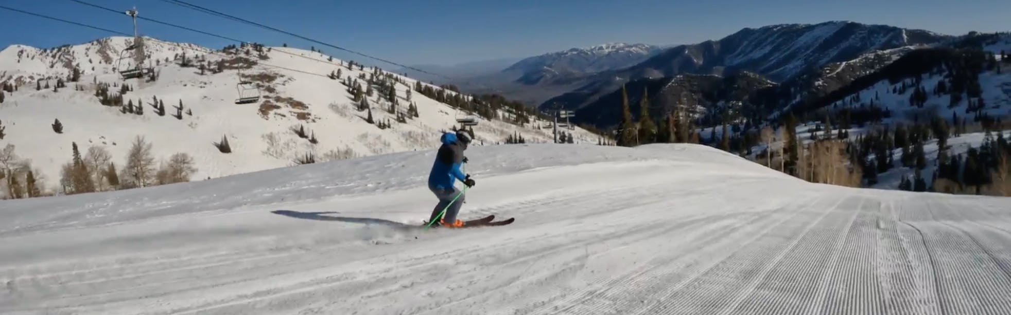 Ski Expert Rob G. skiing the 2023 Blizzard Brahma skis on a groomed run at Powder Mountain in Utah