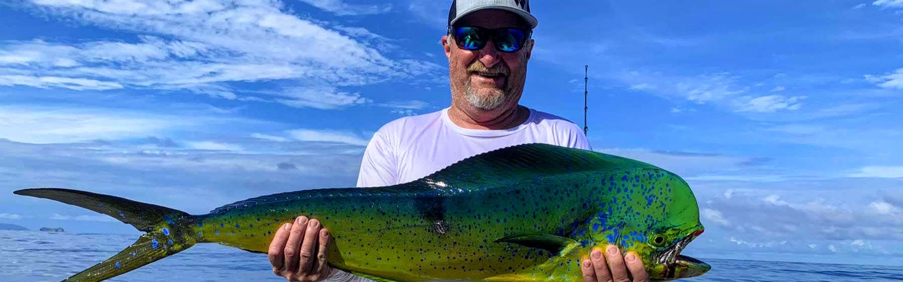 A man with a short white beard, a white t-shirt, a hat, and sunglasses holds up a massive blue, green, and yellow fish while standing on a boat.