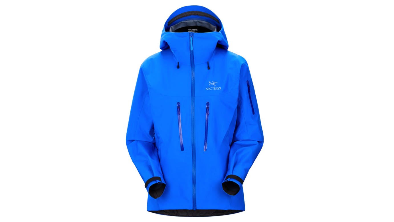A bright blue Arc’teryx Alpha SV jacket with a hood.