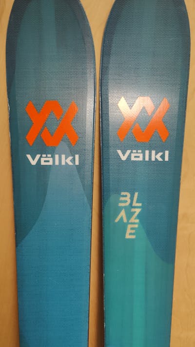 Close up of the top sheet of the Volkl Blaze 106 skis.