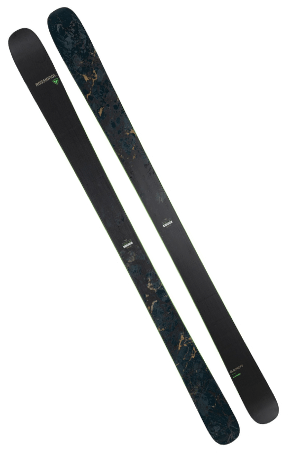 A pair of black skis with a marbled pattern reading "Rossignol"