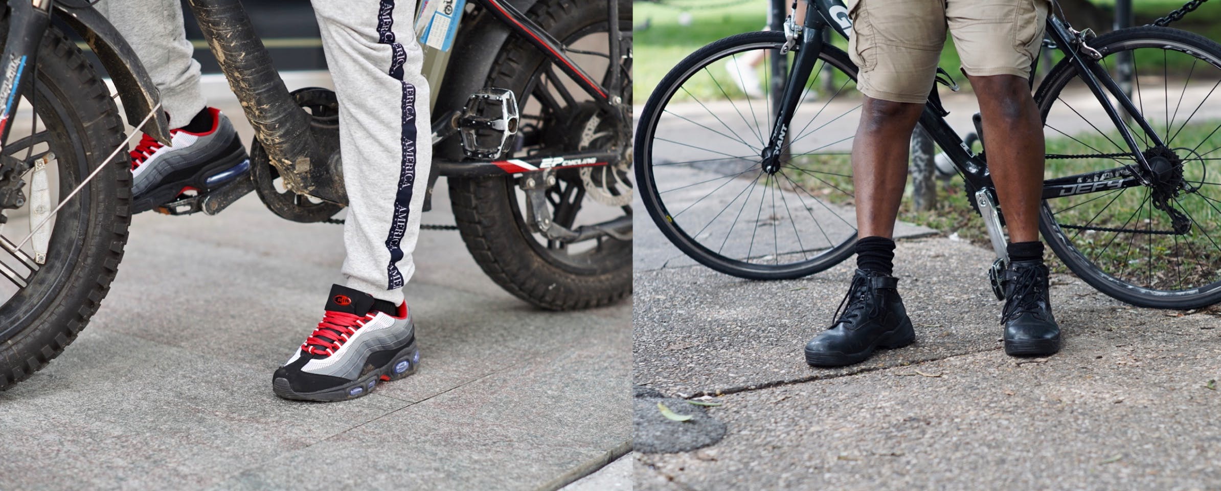 Two photos of bikers wearing street shoes for cycling. 