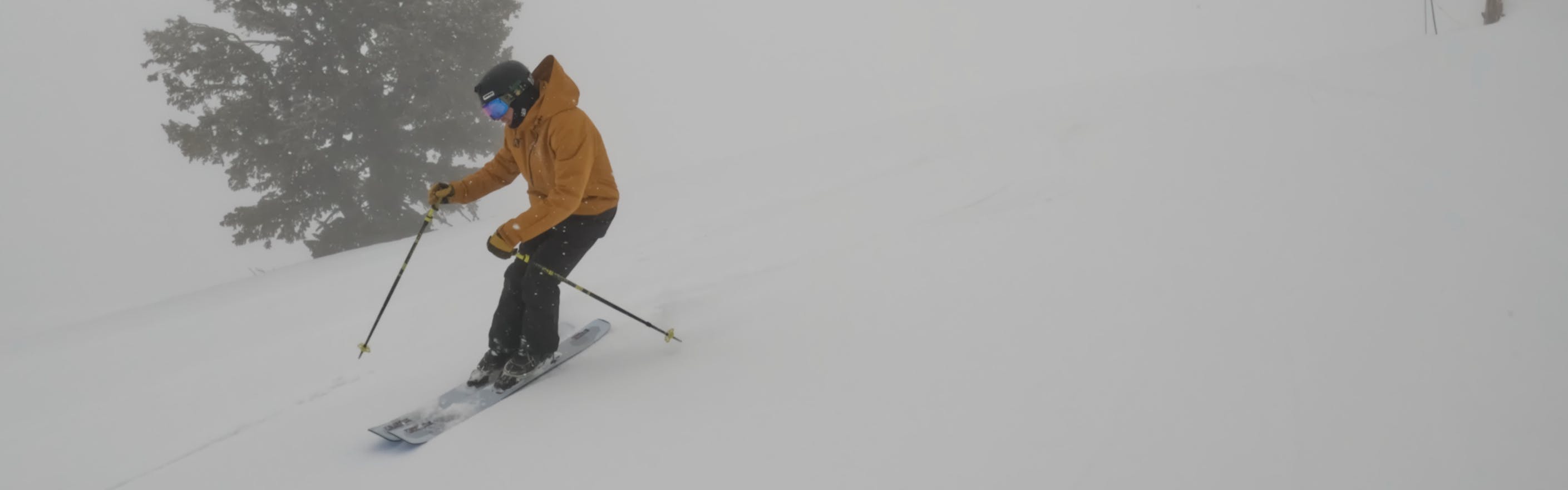 Curated Ski Expert Brendan Westburg on the 2023 Salomon QST Blank skis in foggy conditions