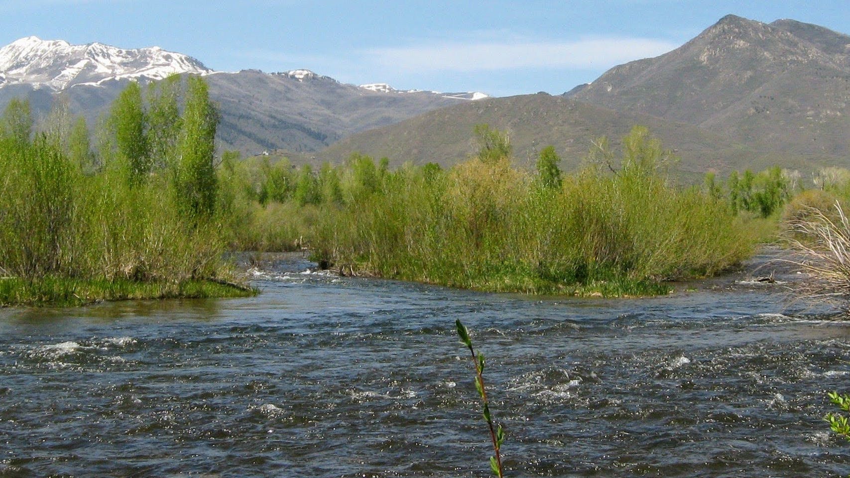 A river with mountains in the background. 