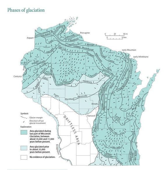 Map of the glaciation phases of Wisconsin. 