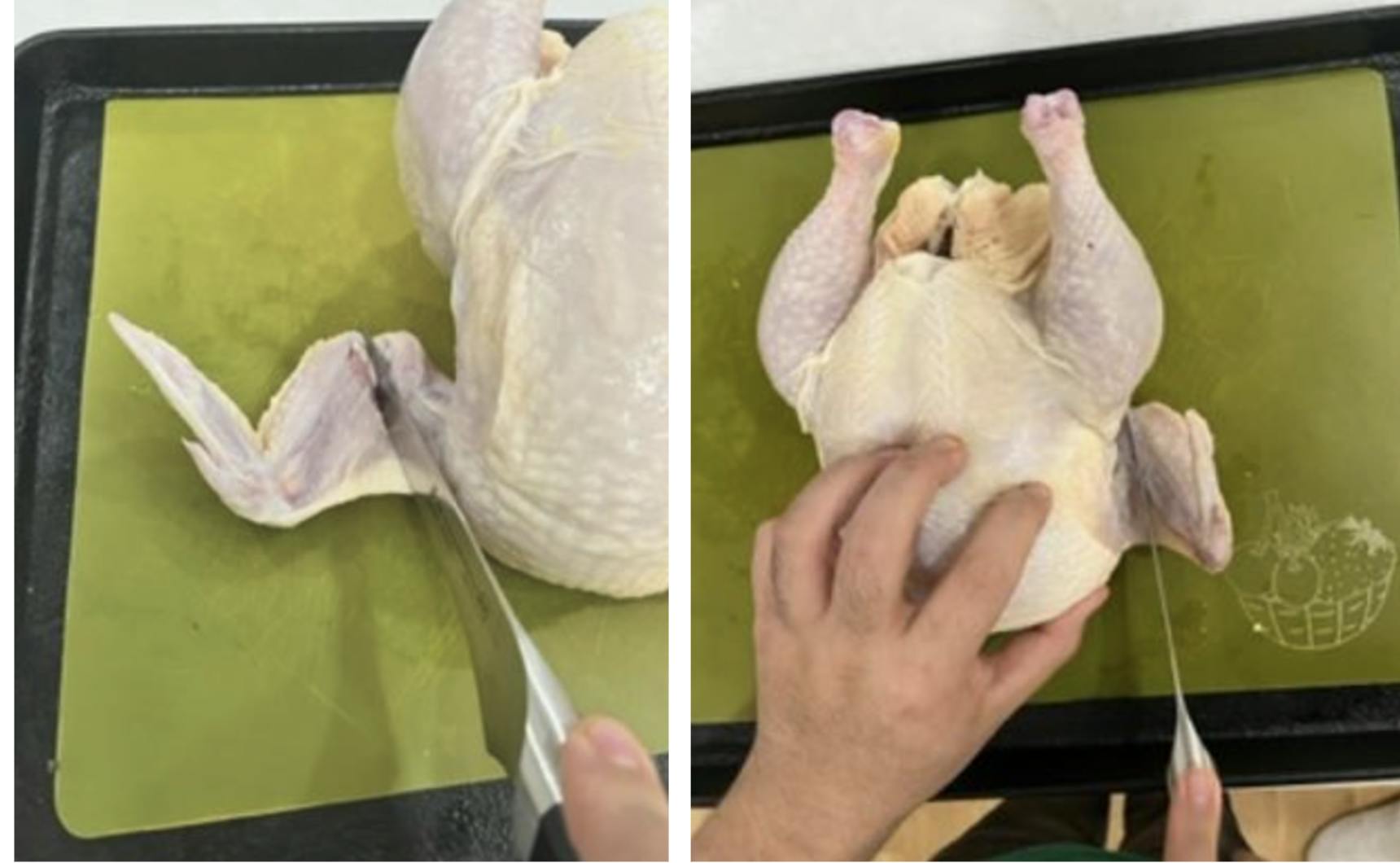 Two photos of cutting a wing off a chicken.  
