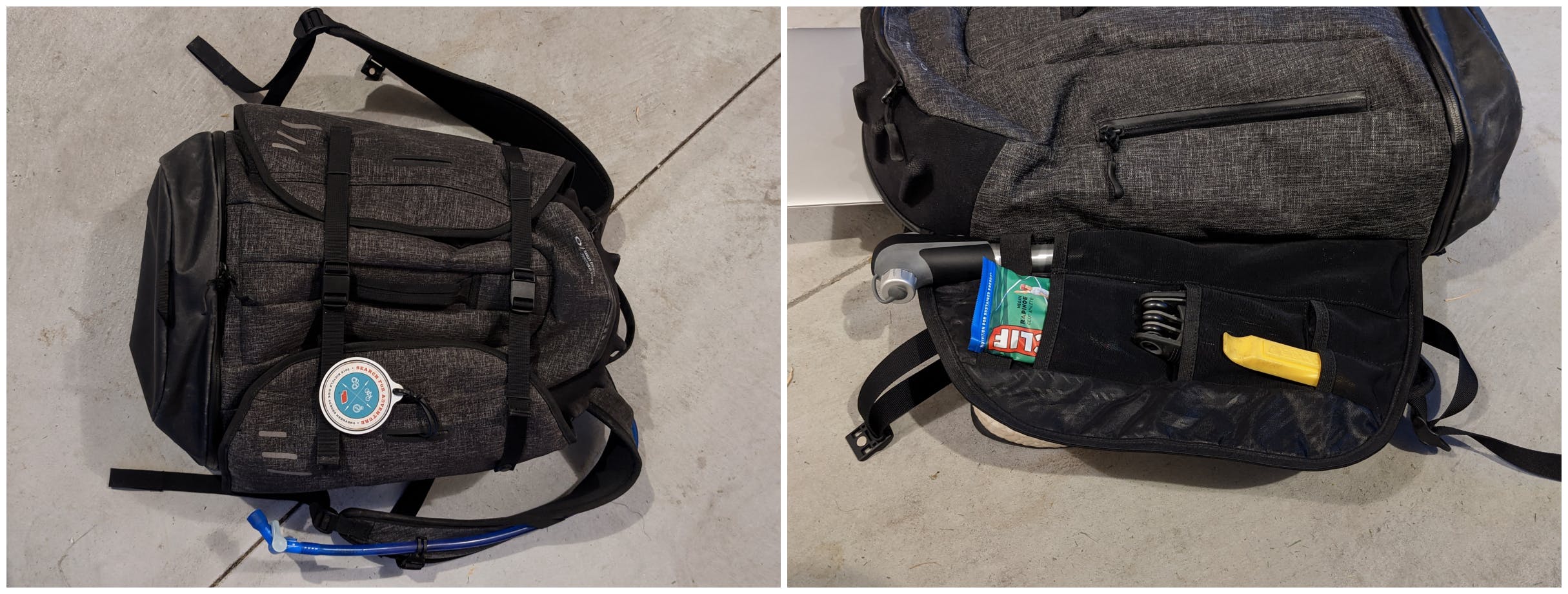 Two photos of a grey biking backpack. The second photo shows items stored in a side pocket, including bike tools and a Clif bar