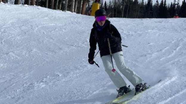 A skier in the Volcom Knox Insulated Women's GORE-TEX Pants.