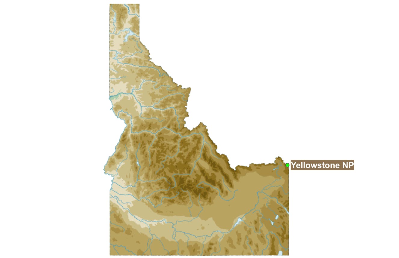 Map showing where Yellowstone National Park is in Idaho. 