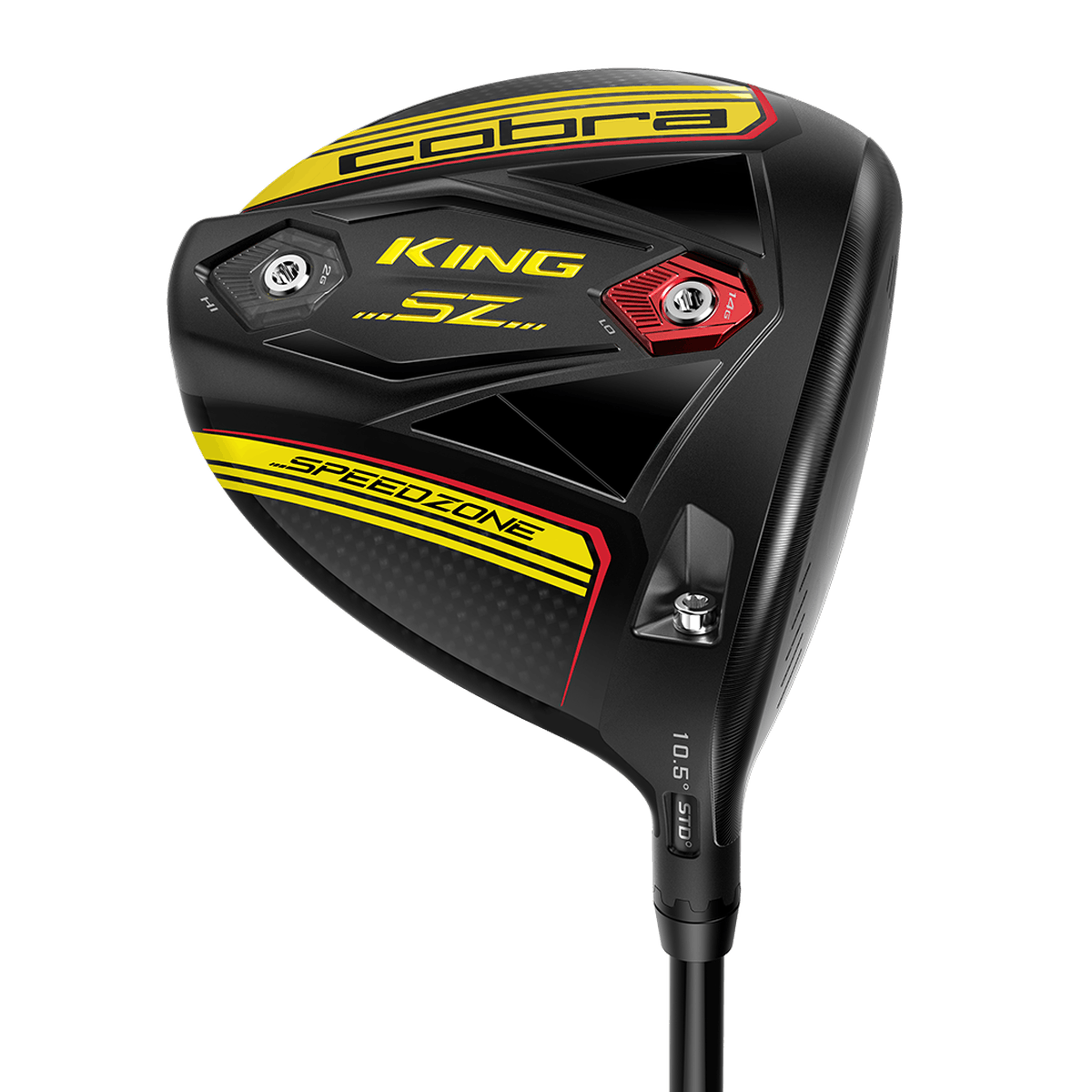 A black and yellow golf driver against a white background