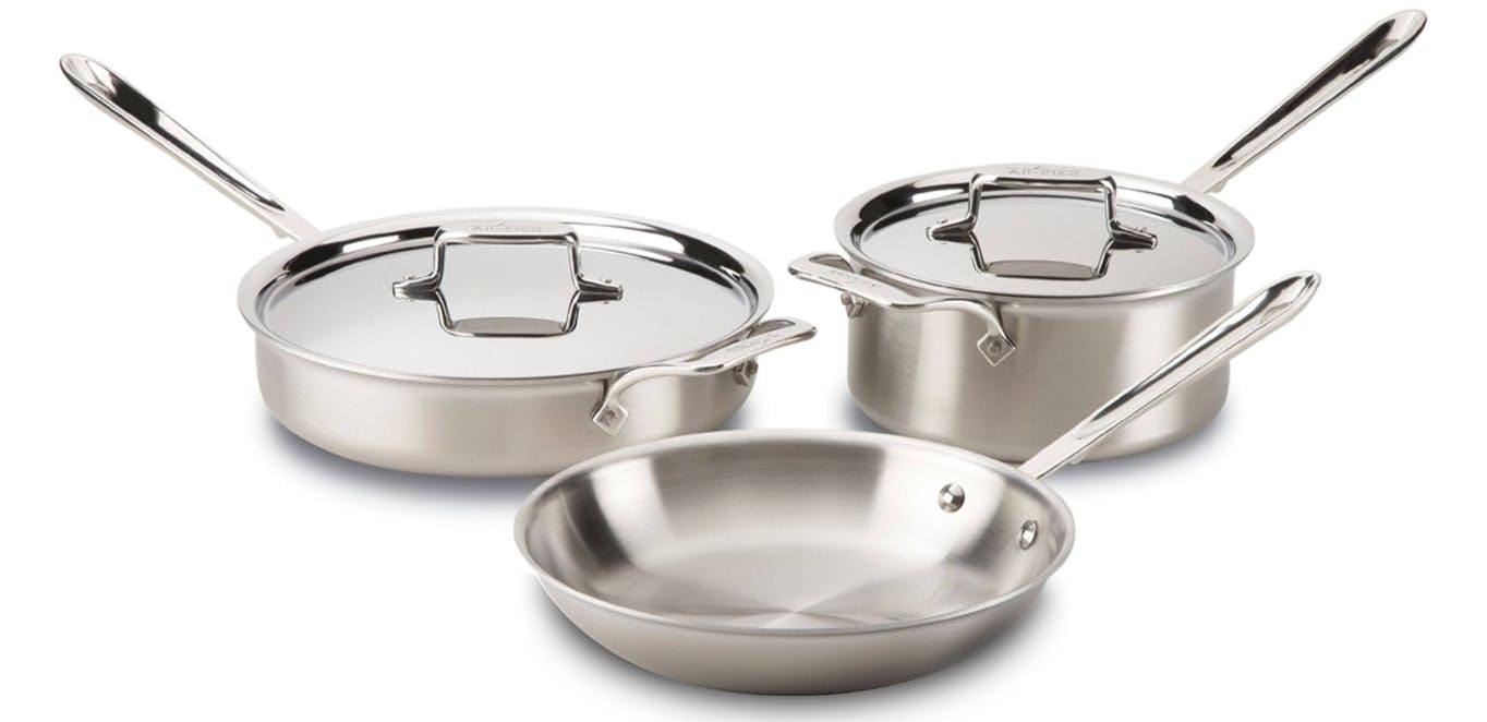 The All-Clad D5 Brushed Stainless Steel 5-Piece Cookware Set.