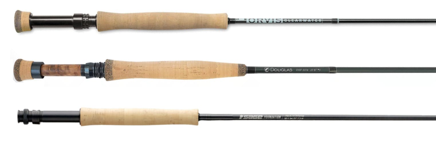 Three fly rods. From top to bottom: the Orvis Clearwater, the Douglas DXF, and the Sage Foundation.