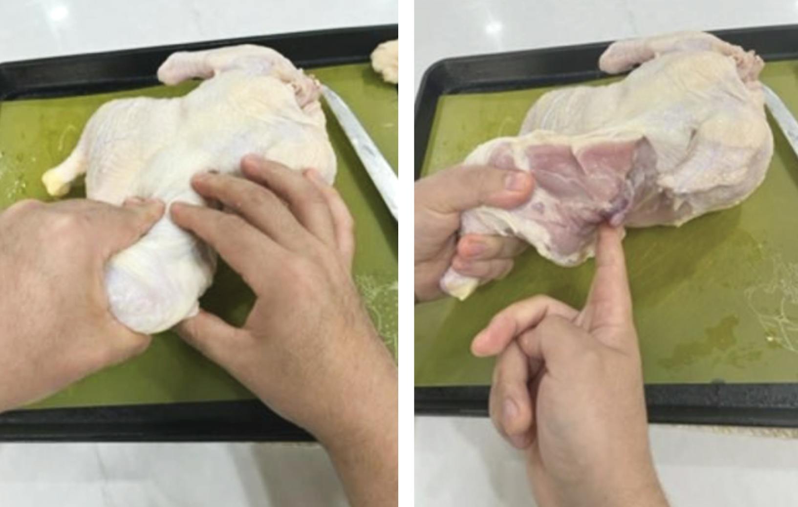 Two photos of removing thigh joints on a chicken. 