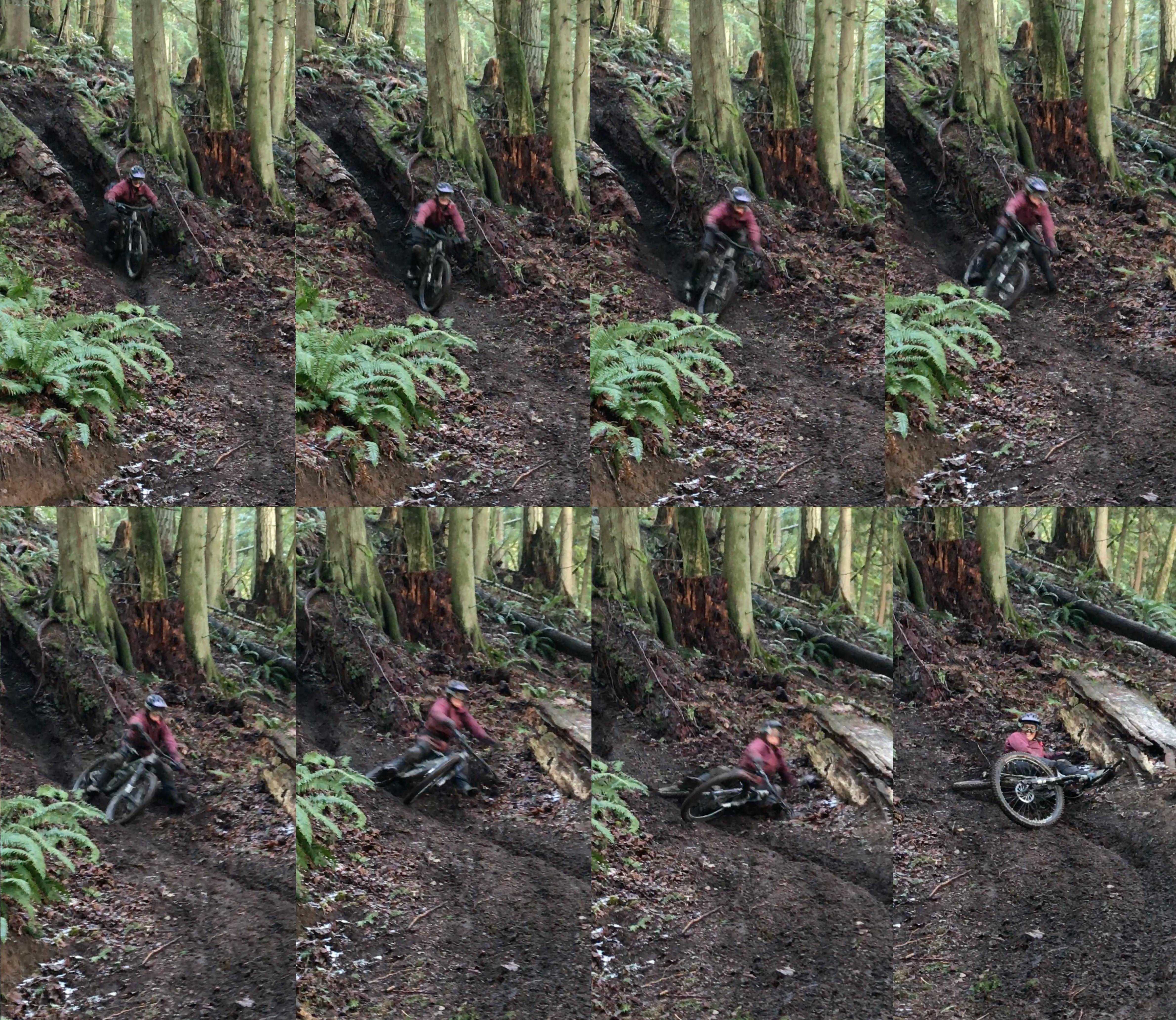 Emma properly evaluating the situation and laying the bike down. Eight images of different stages of a woman falling off her bike.