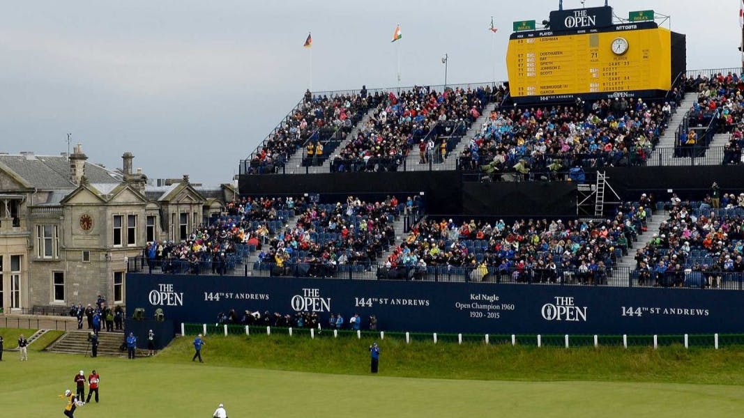 An image of the crowd in stands on the side of the course at the Open Championship. 