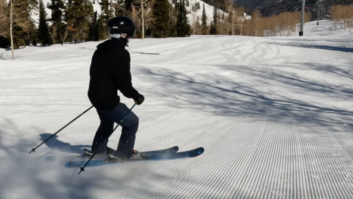 A skier on the 2023 Blizzard Black Pearl 88 Skis.