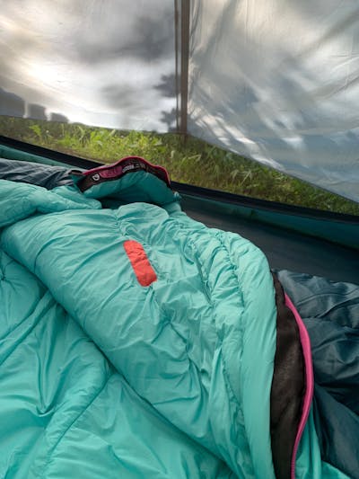 Inside of the Nemo Forte 35 °F Women’s Sleeping Bag with a patch on it.