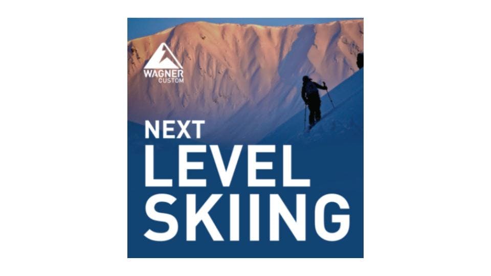 Podcast cover of Next Level Skiing Podcast. Features a skier ready to descend a snowy slope.