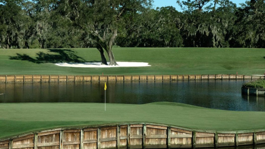 The course at TPC Sawgrass featuring the railroad ties and the course island. 
