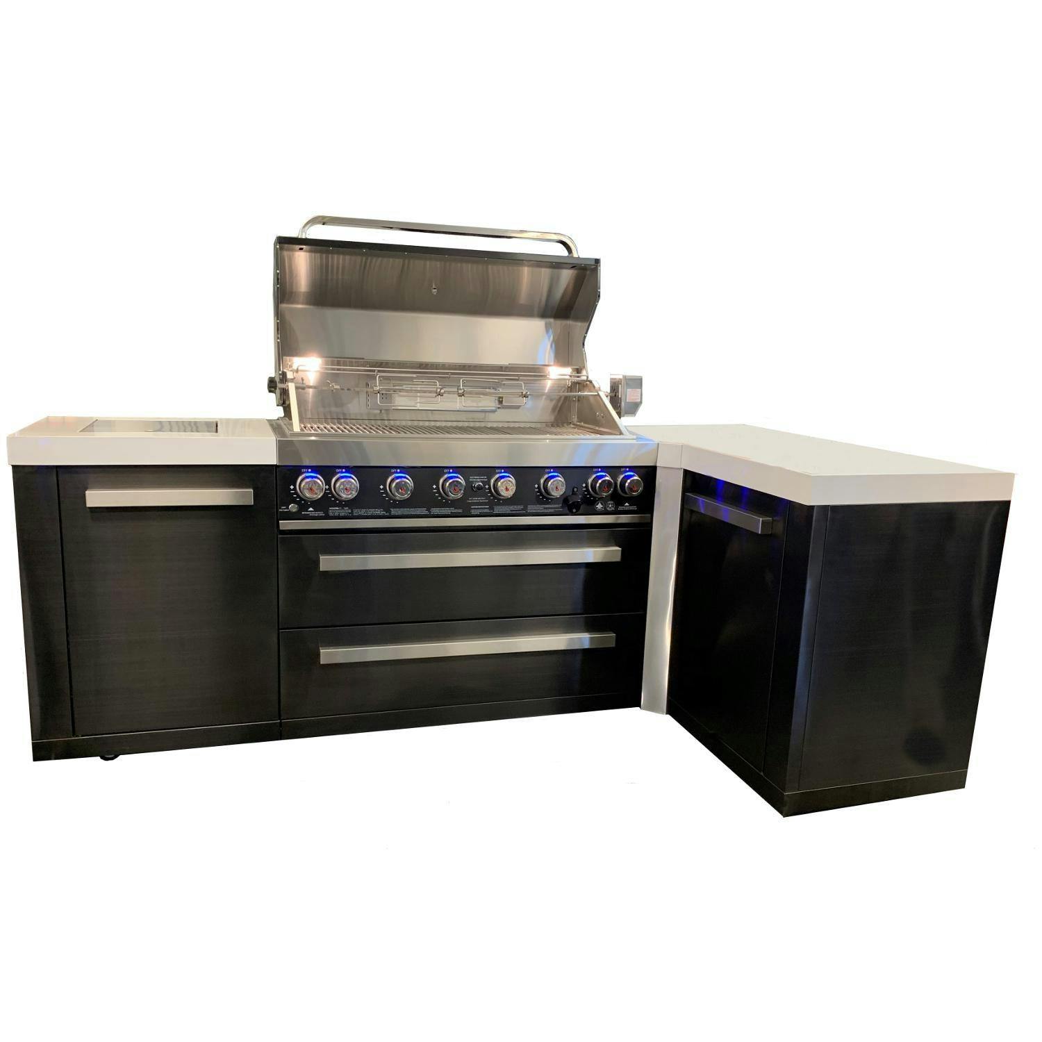 Mont Alpi i805 Deluxe Gas Island Grill with Infrared Side Burner and Rotisserie Kit Black Stainless Steel · 90 Degree · Propane
