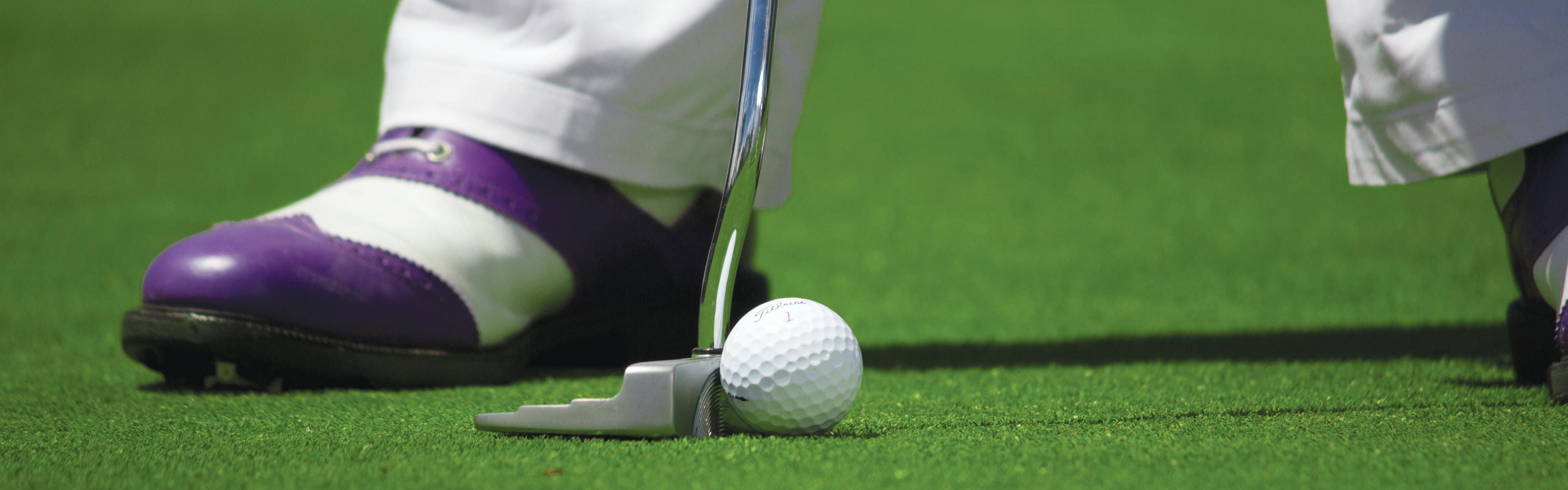 A purple and white golf shoe with a putter and white golf ball.