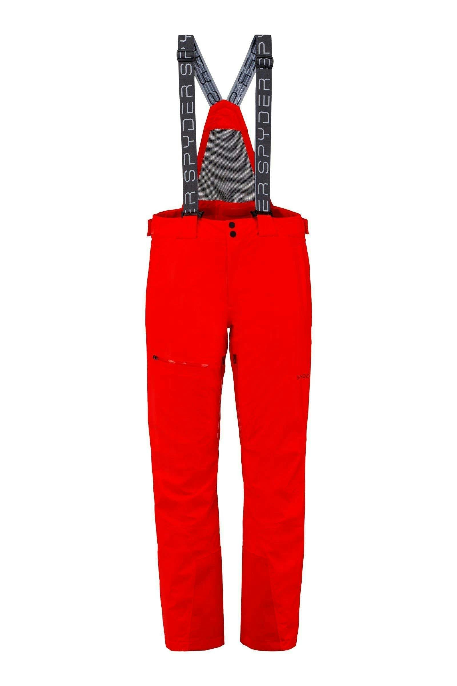 Red ski pants with grey suspenders