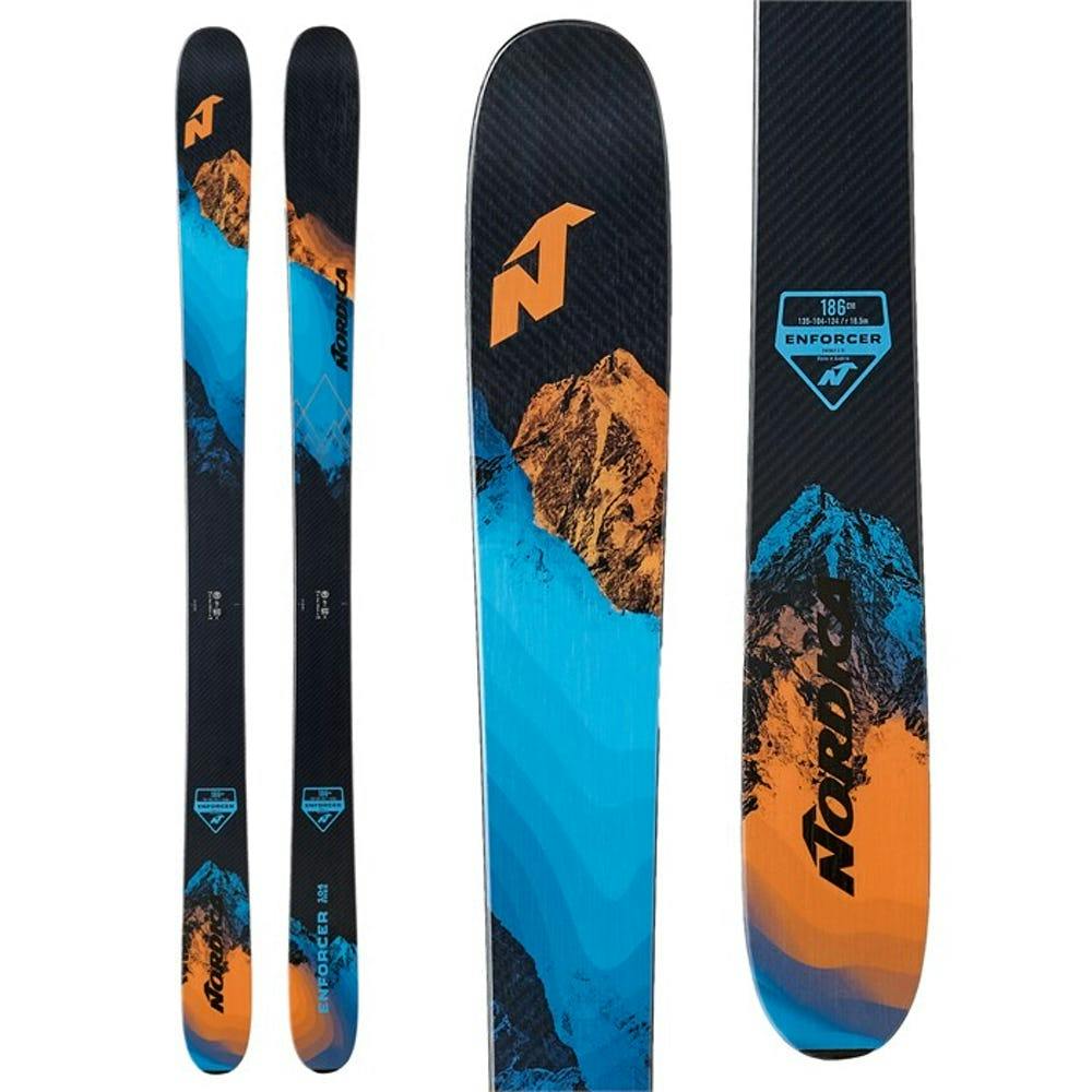 A pair of black, orange, and blue skis