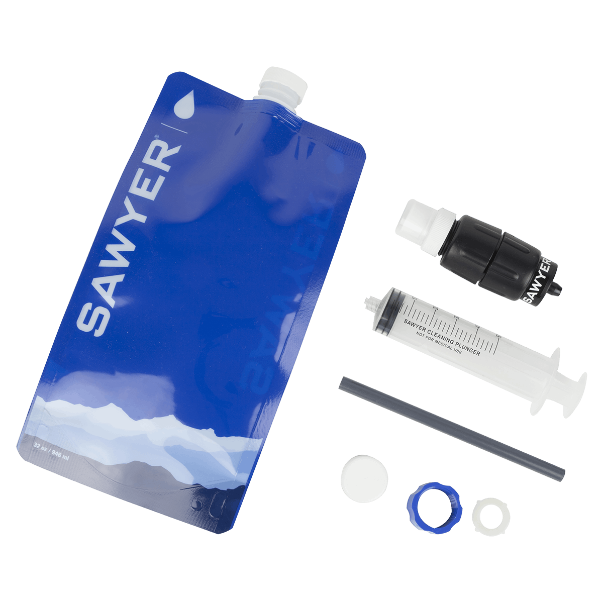 Product image of the Sawyer Micro Squeeze Water Filter and its components. 