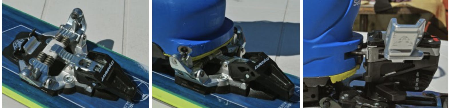 The toe part of a tech binding (left), the toe part of a tech binding as it clips into a boot (middle), and the heel of a tech binding (right). 