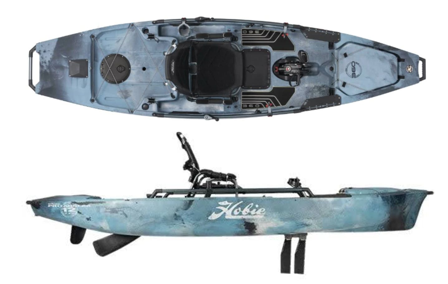 A top down view and side view of the Hobie Pro Angler Kayak.