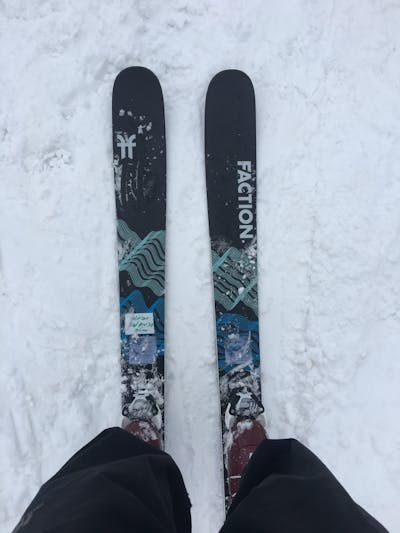 Top down view of the Faction Skis Prodigy 3.0 Skis  on the snow. 