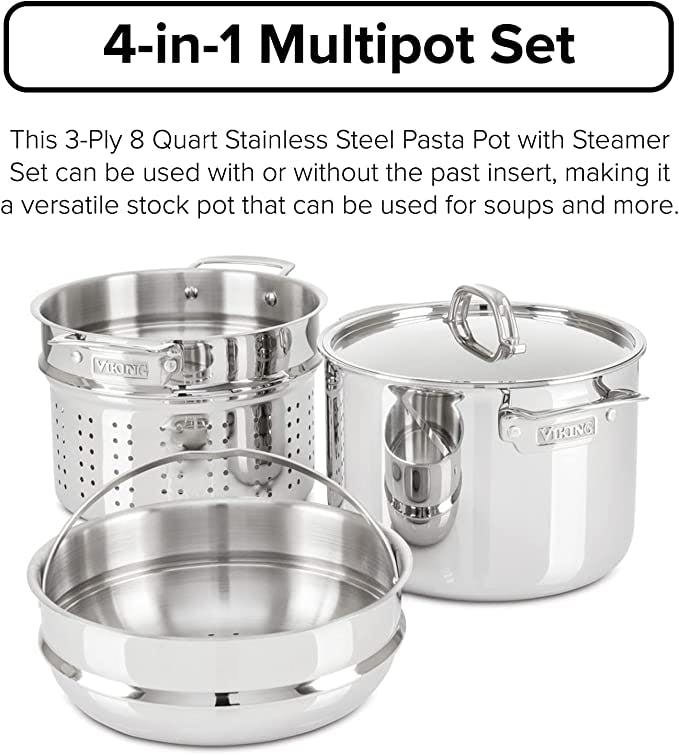 Viking 3-Ply 8 Qt Multi-Cooker/Pasta Pot w/ Bonus Steamer, Mirror Finish