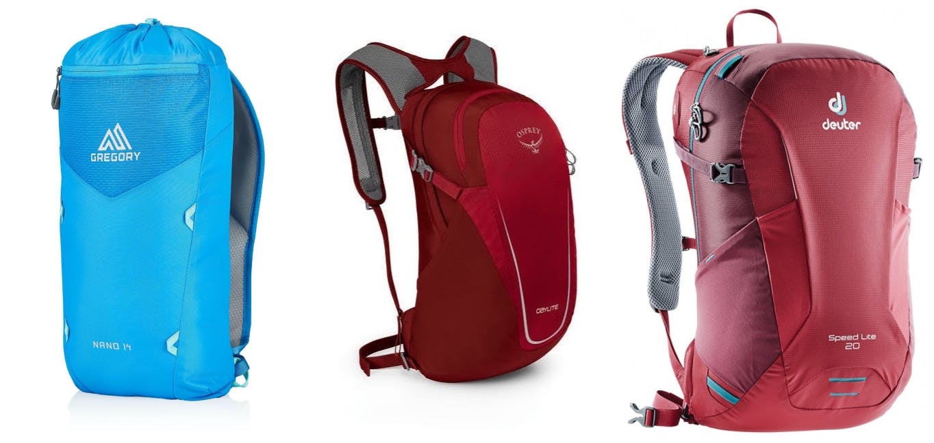Three backpack product photos side by side: a blue pack and two red packs