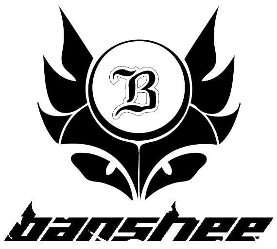 The Banshee logo that reads "banshee" in a rugged, jagged font below an image of a "B" in a circle with a stylized creature's eyes and ears around it.