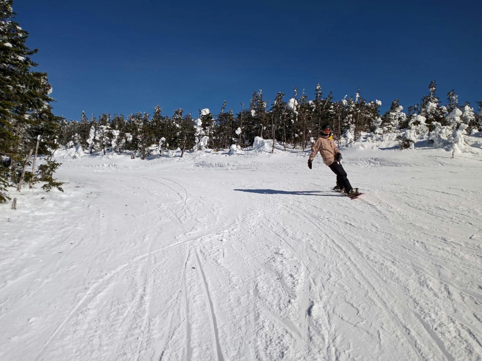 A snowboarder turning down a ski mountain. 