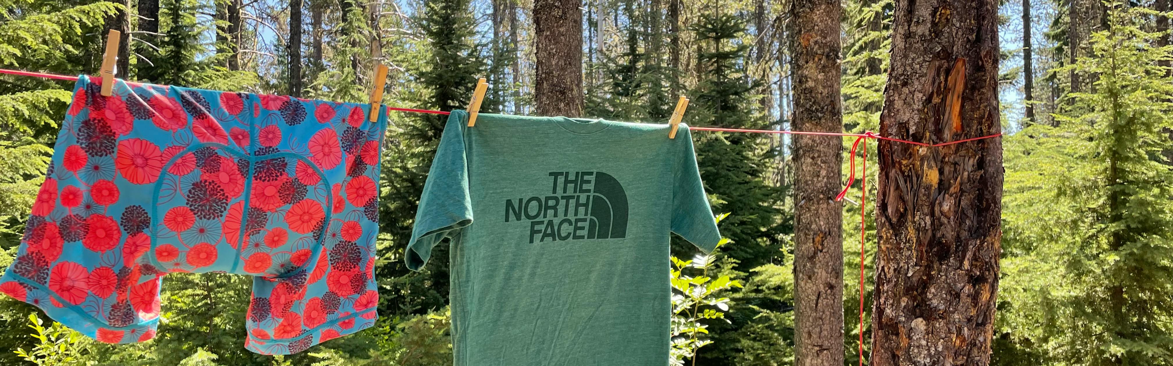 A pair of red and blue boxer briefs and a green North Face t-shirt are hung by clothespins on a line attached to a pine tree. 