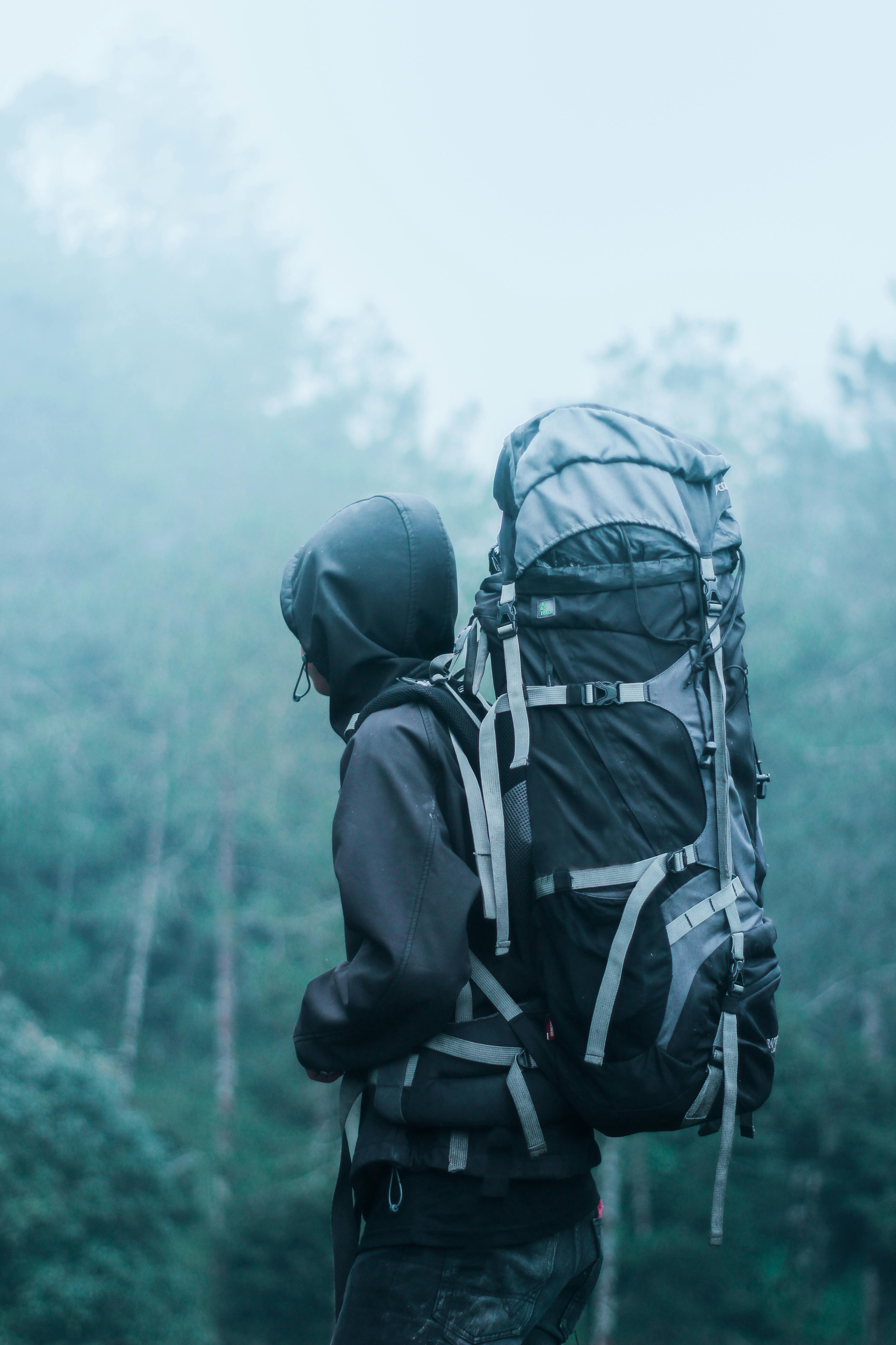 A man with large backpacking pack looks out at a foggy forest