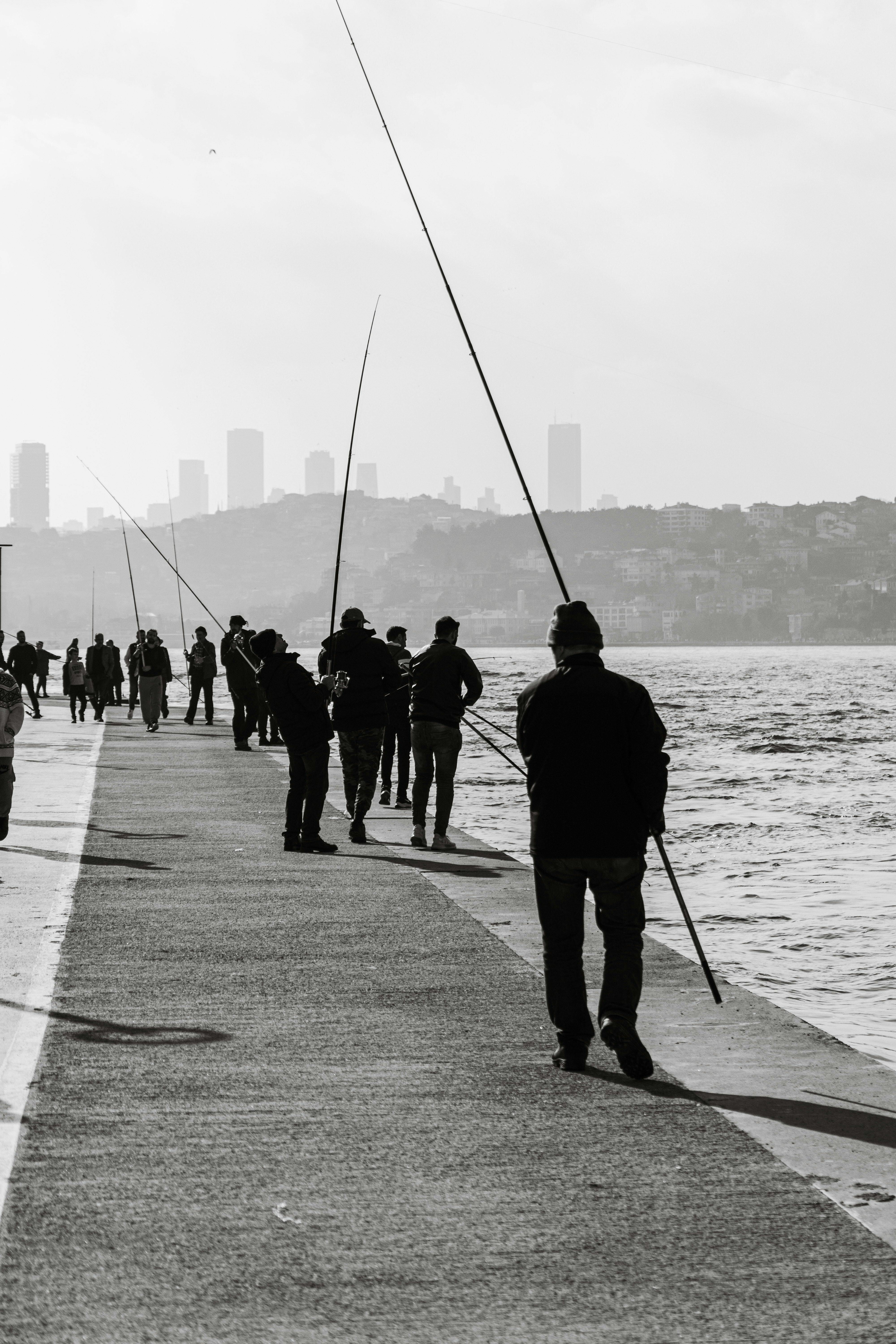 Several fishermen walking along a body of water while holding their fishing rods. 