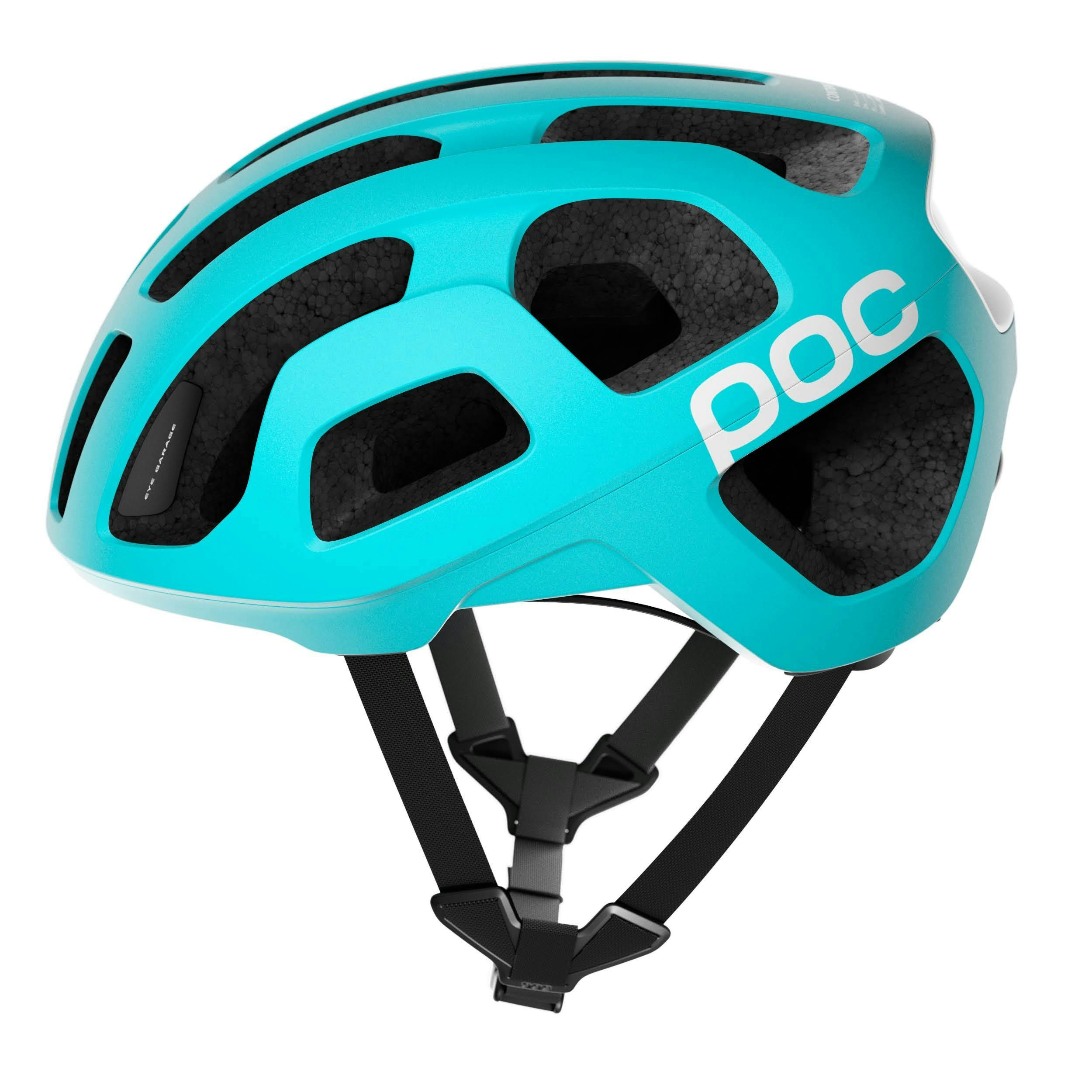 A bright blue road biking helmet