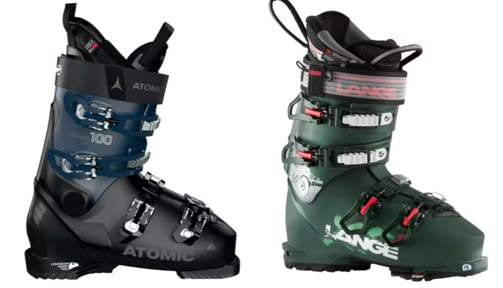 Two ski boots The Men's Atomic Hawx Prime 100  on the left and the Women's XT3 Lange 90 on the right.