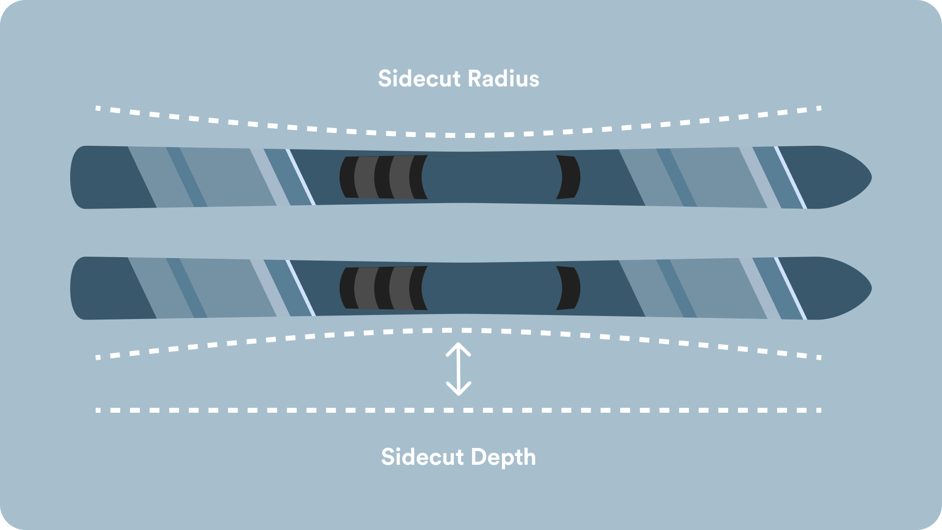 A graphic showing the sidecut radius and the sidecut depth of a ski.