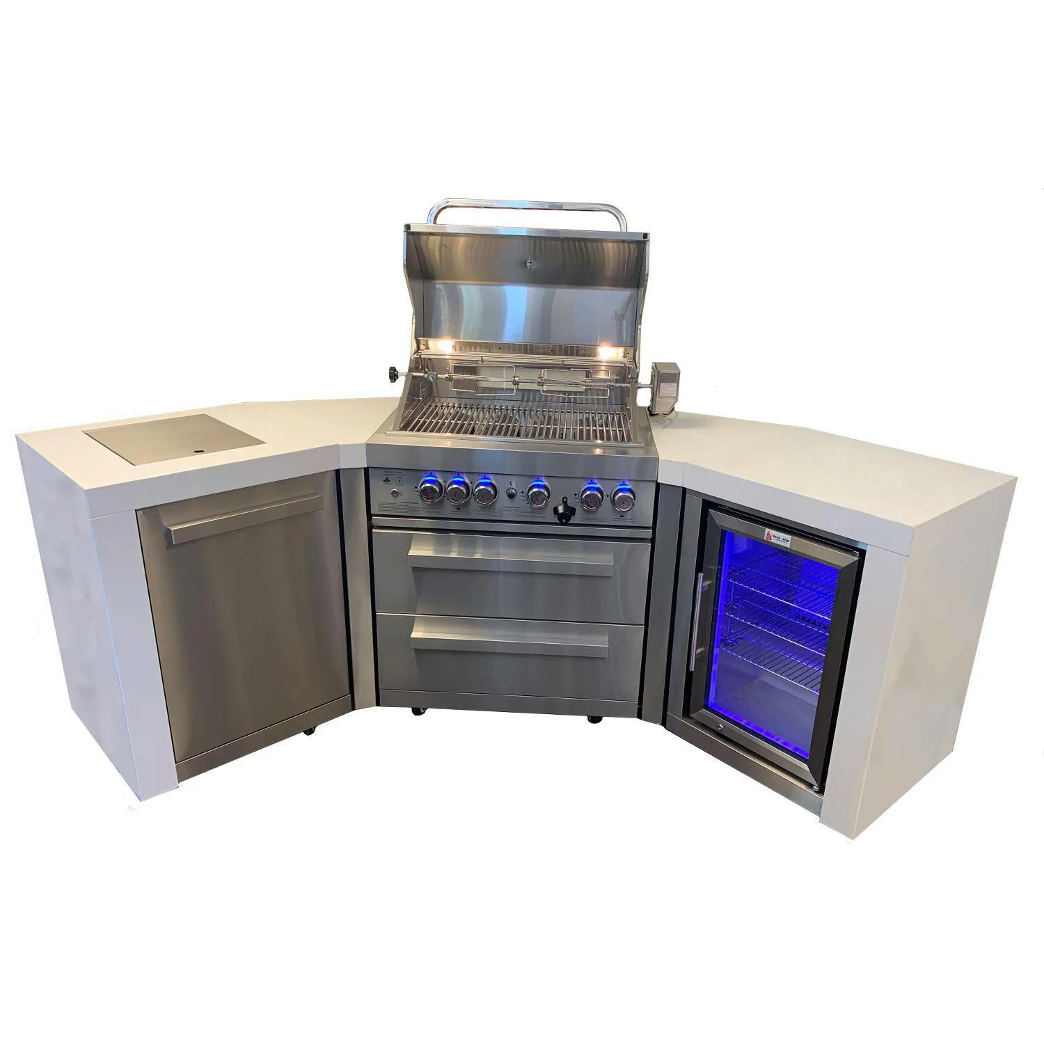 Mont Alpi i400 Deluxe Gas Island Grill with Refrigerator Cabinet, Infrared Side Burner, and Rotisserie Kit · 45 Degree · Propane