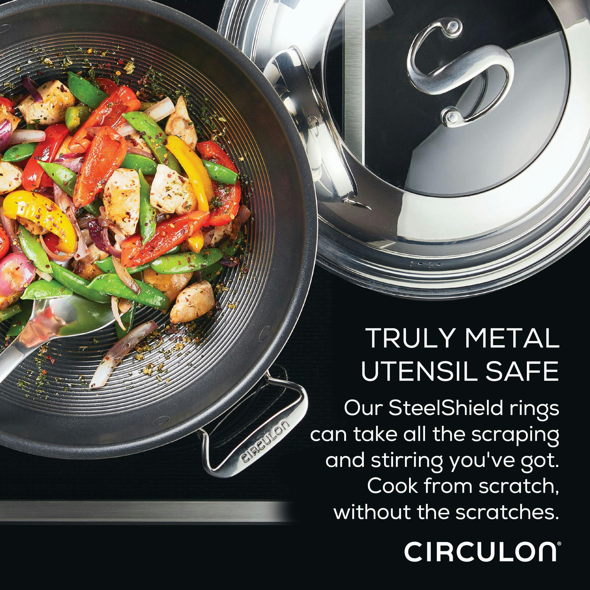 Circulon Clad Stainless Steel Induction Wok with Glass Lid and Hybrid  SteelShield and Nonstick Technology, 14-Inch, Silver