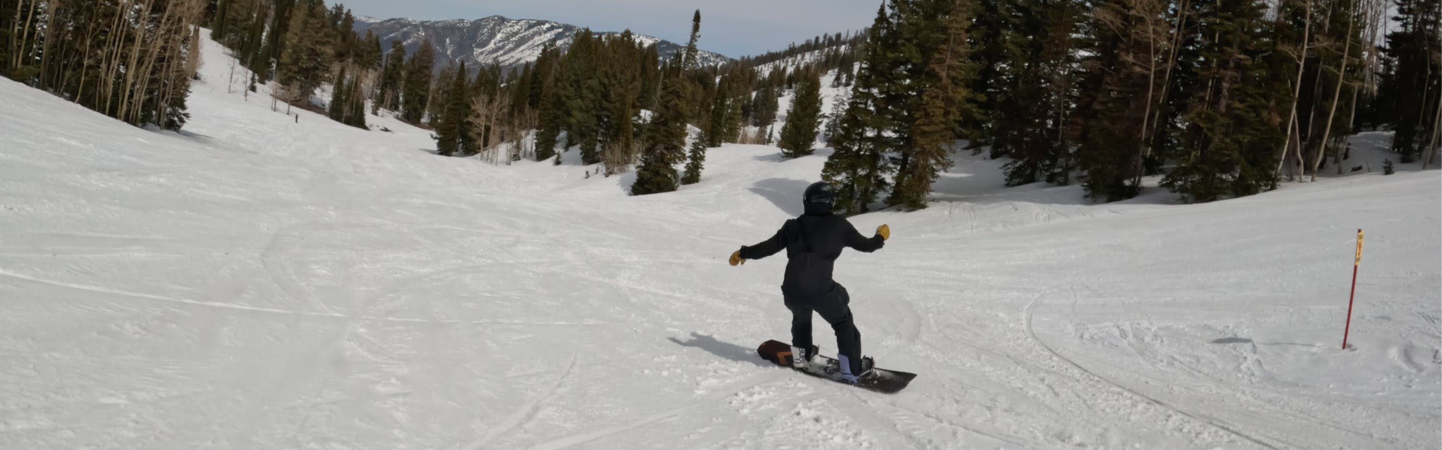 A snowboarder riding the Arbor Satori Camber Snowboard.