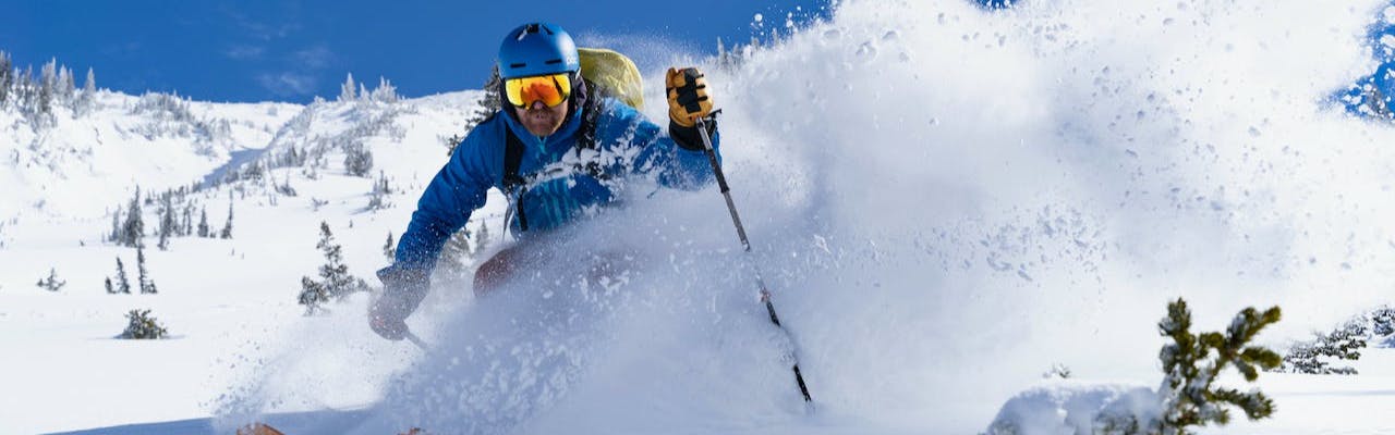 Skier wearing the POC Fornix MIPS helmet.