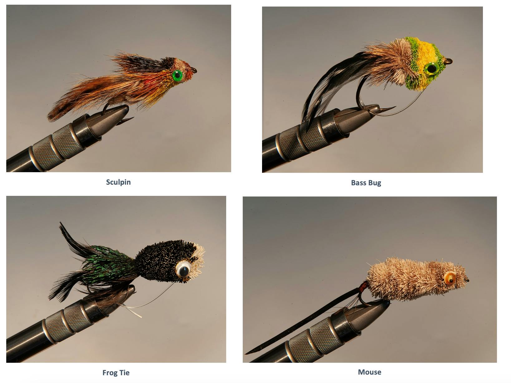 Examples of the flies the author has tied with deer hair. Patterns include the sculpin, the bass bug, the frog tie, and the mouse.